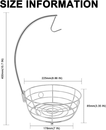 Livabber Countertop Fruit Basket Bowl with Banana Hanger, Modern Standing Fruit Vegetable Bowl Storage, with Banana Tree Holder for Kitchen Dinning Table (Round Metal, Chrome)
