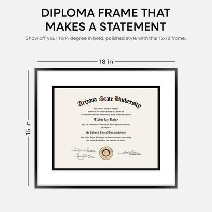 Homeforia 15x18 Diploma Frame Black, High End Metal 15 x 18 Black Certificate Frame with Mat 11 x 14, 18x15 Document Frame Matted to 11x14, Graduation Degree Frames, Tempered Glass, Wall Kit, Set of 1
