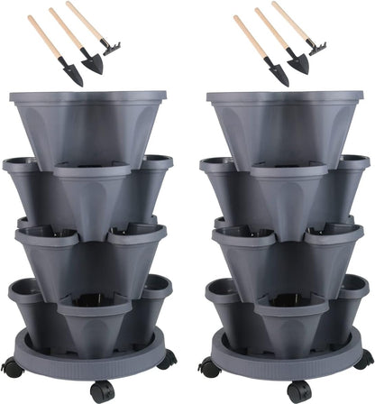 DUNCHATY Stackable Planter, Vertical Garden Planter with Wheels and Tools, Self Watering Strawberry Planter Indoor/Outdoor 4 Tier Herb Planter Pots for Growing Vegetables and Succulents, Dark Gray