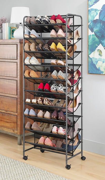 Whitmor 10 Tier Double-Sided Shoe Cart with Lockable Wheels, Gunmetal Rolling Shoe Organizer with