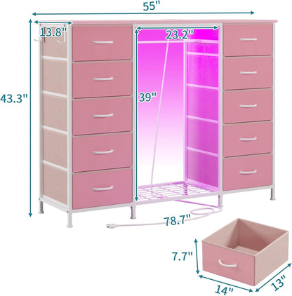 LUMTOK 2-in-1 Dresser with Hanging Rack, 10 Drawers Dresser for Bedroom,Dressers with Fabric Drawers,LED Lights, Charging Station and Hanging Racks for Bedroom (Pink)