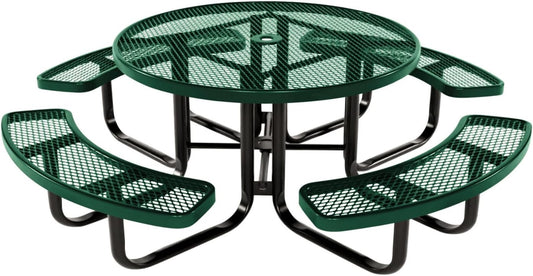 Coated Outdoor Furniture Heavy-Duty Portable Outdoor Kids Table with Umbrella Hole, Expanded Metal Kids Picnic Table, Commercial-Grade, Made in America (46 In, Round, Childrens, Textured Green)