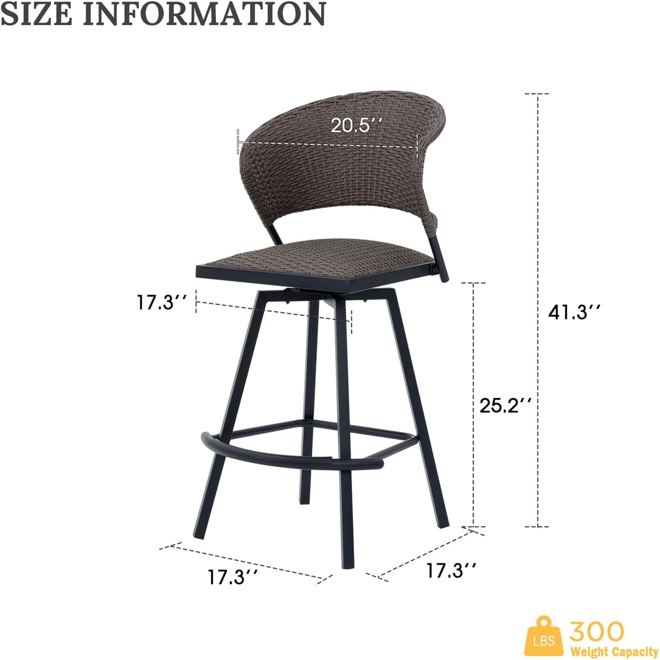 VICLLAX Patio Bar Stool Chairs with Footrests and Padded Seat, Bar Height Swivel Patio Chairs Set of 4, Brown Woven Wicker Swivel Bar Stools for Lawn Garden