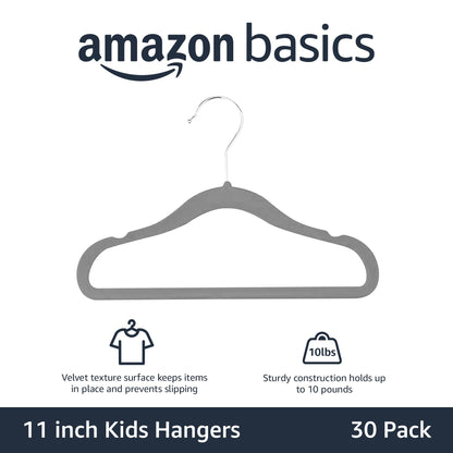 Amazon Basics Kids Velvet Non-Slip Space Saving Clothes Hangers with Shoulder Notches, Sturdy