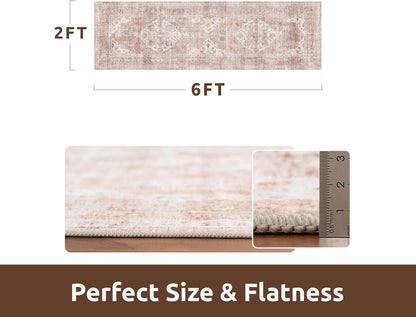 AMOAMI-2X6 Runner Rug-Washable Runners for Hallways-Soft Non Slip Bedside Rugs for Bedroom-Vintage Long Rug for Hallways Entryway Laundry Room Stair Kitchen Bathroom Pink