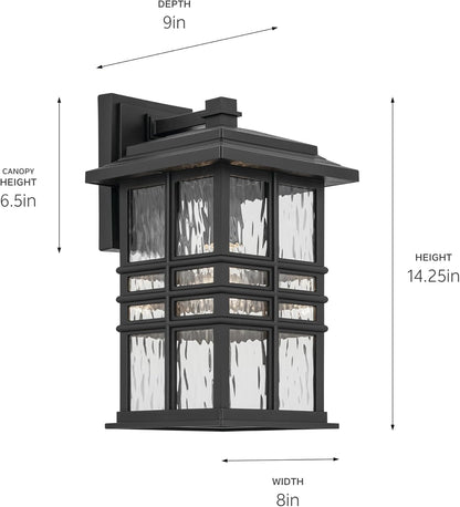 KICHLER Beacon Square 14.25" 1-Light Outdoor Wall Light with Clear Hammered Glass in Textured Black, for Exterior Doors, Garage, Porch, or Patio (14.25" x 8"), 49830BKT