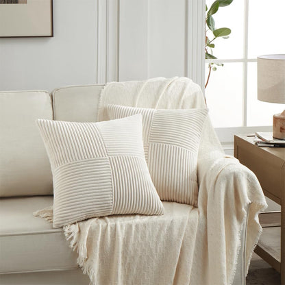 Fancy Homi 2 Packs Cream Samll Decorative Throw Pillow Covers 14x14 Inch with for Couch Bed Sofa, Rustic Farmhouse Boho Home Decor, Soft Corss Patchwork Corduroy Square Cushion Case 35x35 cm