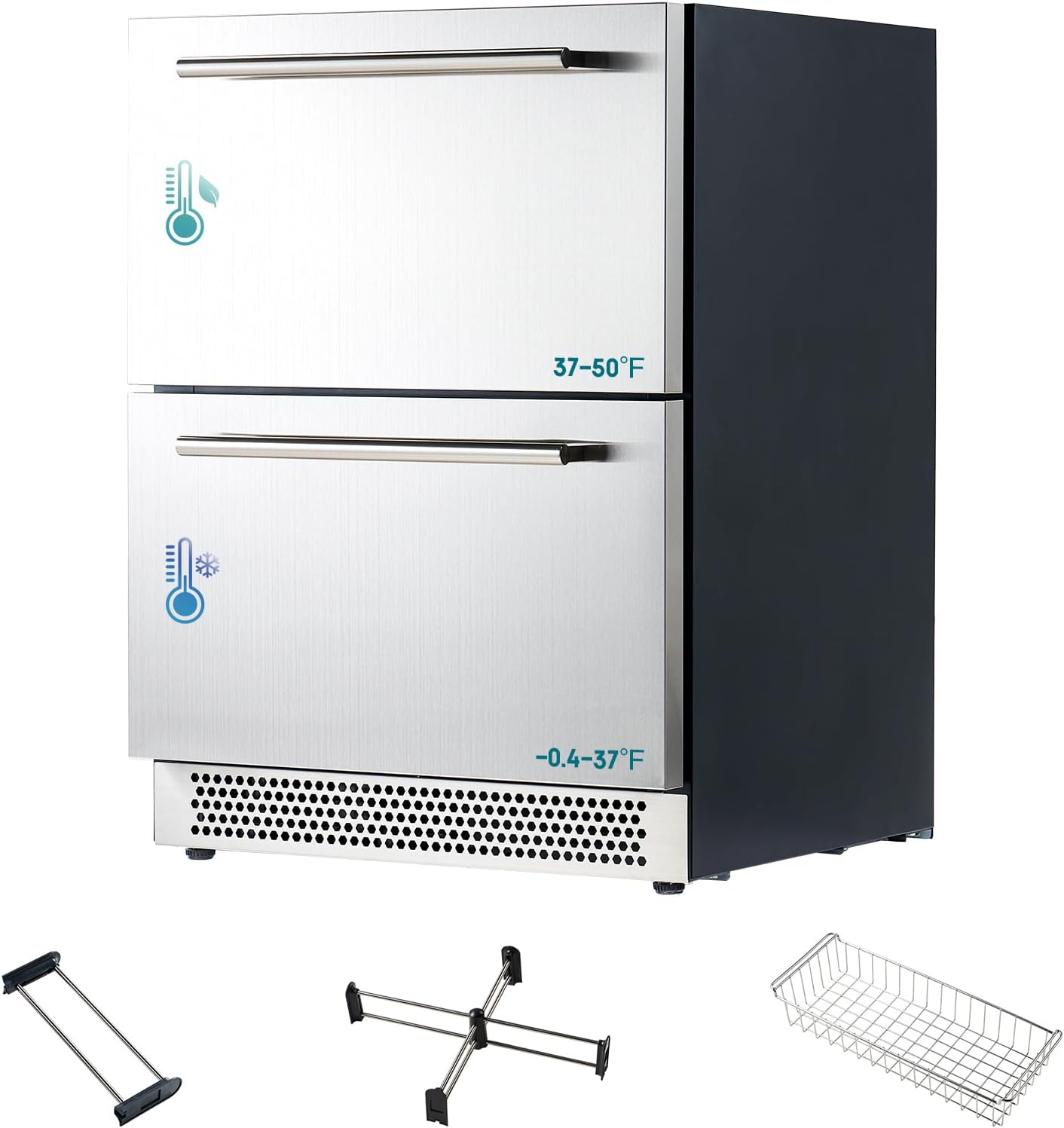 Albott 24 Inch Under Counter Drawer Fridge – Stainless Steel Dual-Zone Beverage Refrigerator with LED Touch Control, Adjustable Storage, Frost-Free, Low Noise, 37℉-50℉, -0.4℉ to 37℉