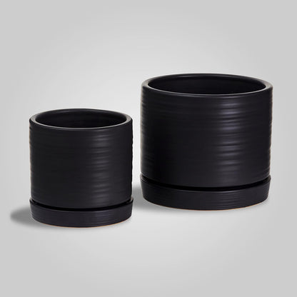 6 + 8 Inch Plant Pots, Ceramic Planter Pot with Drainage Hole & Saucer, Indoor/Outdoor Cylinder Round Planter Pot, Matte Black