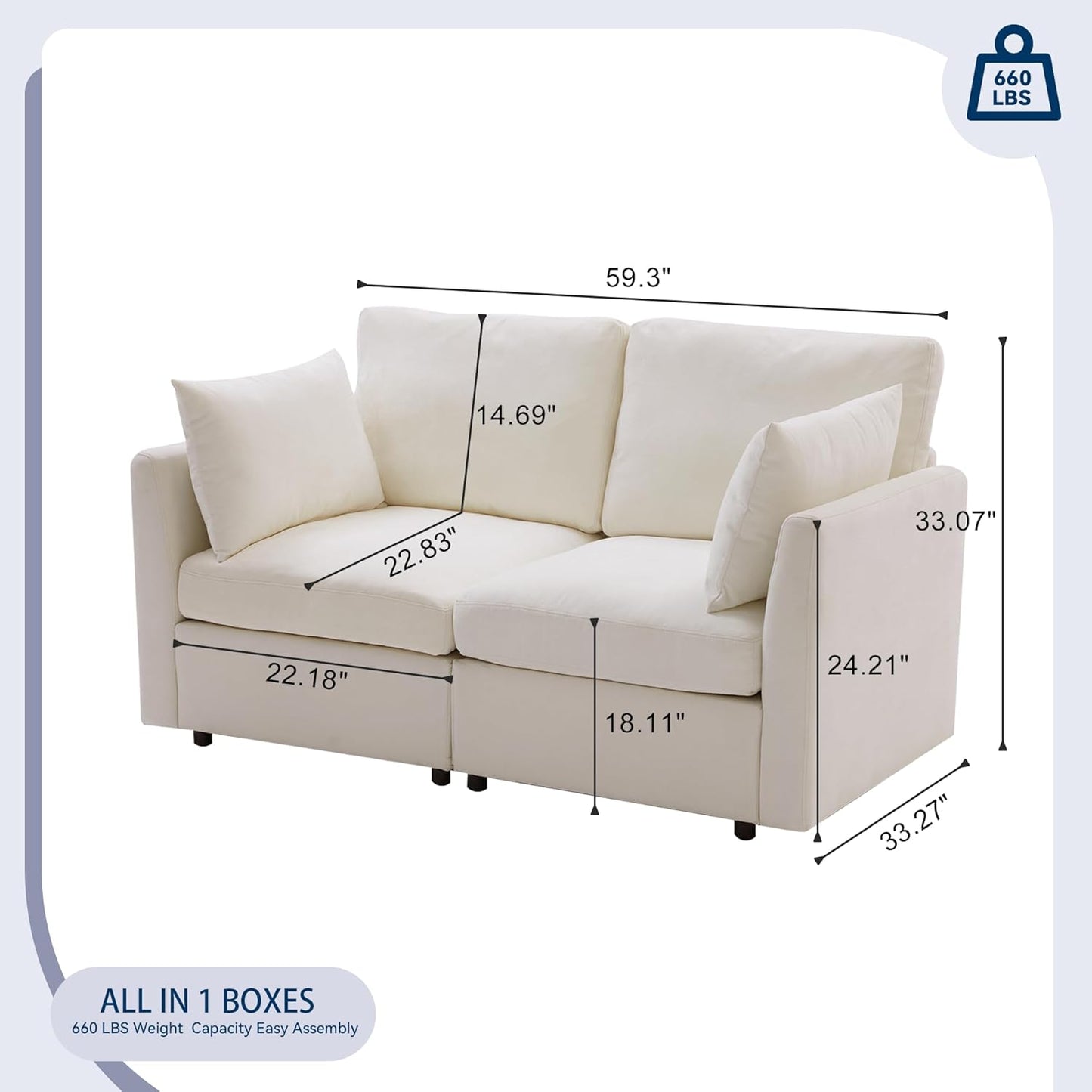 Tbfit 59" Loveseat Sofa, Chenille Small Sofa Couch, Love Seat with 2 Pillows for Small Space, Bedroom & Living Room, Beige