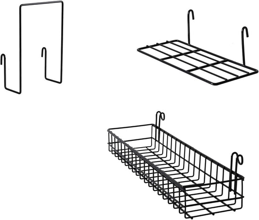 FRIADE Wall Grid Panel Hanging Basket with Hooks,Bookshelf,Display Shelf,Wall Organizer and Metal Shelving for Home Supplies,1 Set of 3 (Black)
