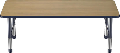 FDP Rectangle (30 x 60 inch) Classroom Table with Adjustable Chunky Toddler Legs (15-24 in); Preschool, Kinder and Daycare Furniture - Pasadena Oak Top/Navy Edge and Legs