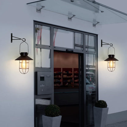 pearlstar Solar Lanterns Outdoor Metal Solar Powered Hanging Lights Waterproof for Wall Barn Yard Garden Patio Garage Balcony Porch Fence Decor, Warm White Edison Bulb (Black-2pack)