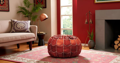 Stuffed Arch Design Moroccan Leather Pouf Ottoman, Handmade, Pre-Filled, 100% Genuine Leather, 14” Height x 22” Diameter – Boho Chic Footstool & Living Room Décor (Honey Cognac)