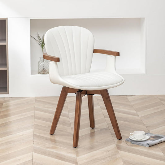 LUNLING Swivel Dining Chairs, Mid Century Modern White Faux Leather Kitchen Chairs with Arms,Bamboo