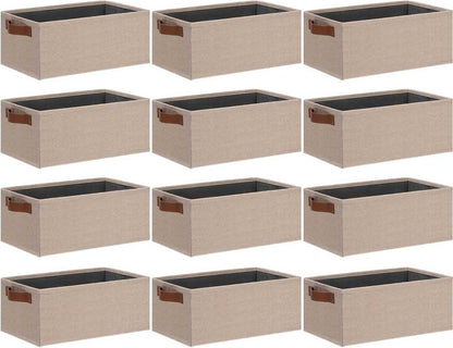 GhvyenntteS Small Fabric Storage Bins 12 Pack, 11.8" x 7.87" x 5.11" Storage Basket with Leather Handles, Closet Storage Bins for Shelves, Storage Baskets for Shelves, DVD Storage (Beige Yellow)