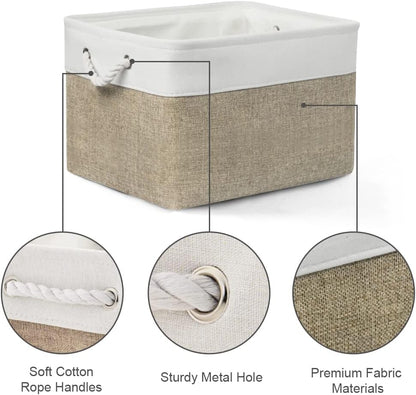 Organization and Storage Bins for Shelves - 17X15X12 inch 2 Pack Fabric Storage Cubes Collapsible Baskets for Organizing with Rope, Storage Box for Cloth Decorative (White&Khaki)