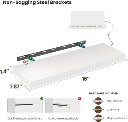 Floating Wood Shelves for Wall 16 Inches x 8”x 1.4” Shelf Floating Home Decor, Heavy Duty Shelf Hold 35 lbs, Wall Shelves for Bathroom Living Room Kitchen Bedroom Office - Set of 2 White