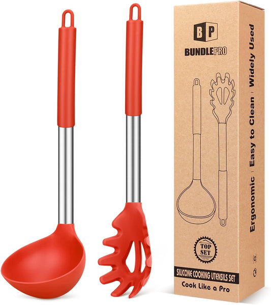 Silicone Pasta Fork and Ladle Spoon Set, Large Non Stick Kitchen Utensils for