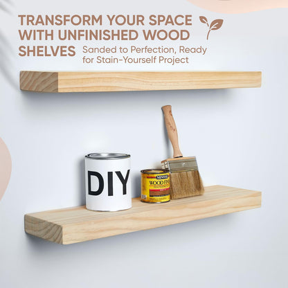 Homeforia 24 inch Natural Floating Shelf, High End Solid Real Wood 24inch Small Floating Shelves for Wall Mounted, Natural Wooden Floating Shelves, Heavy Duty Bracket, 24 X 6.5 X 1.75 in, Set of 2
