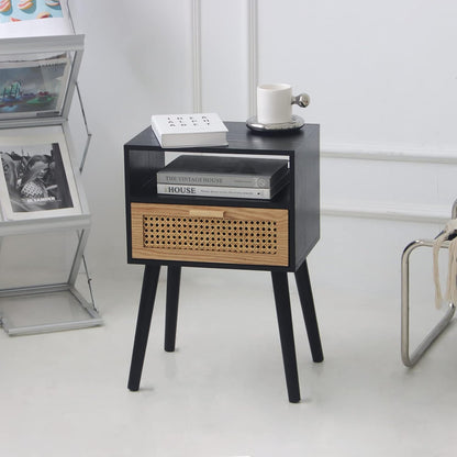 MaxSmeo Mid Century Modern Nightstand with Charging Station, Bedside Tables with Rattan Drawer, Small Wood Nightstand Side Table for Living Room,Bedroom (Black)