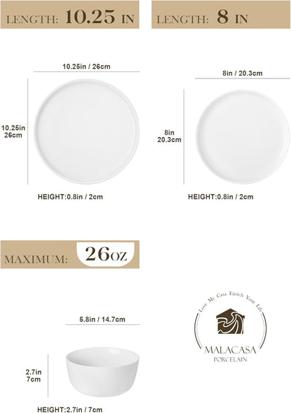 MALACASA 24 Pieces Gourmet Porcelain Dinnerware Sets, Premium Plates and Bowls Set, High-Fired Ceramic Dishes Set for 8, Chip & Scratch Resistant, Microwave Dishwasher Safe, White, Series LEXI