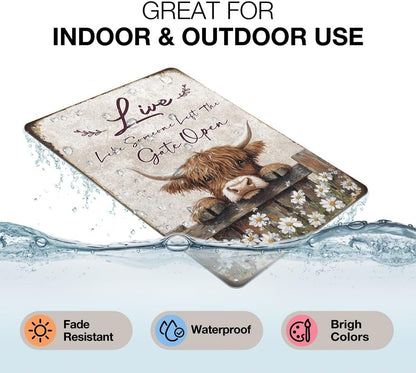 Heuhuww Vintage Highland Cow Decor-Live like Someone Left the Gate Open Tin Sign Farmhouse Wall Art for Home Office Bathroom Highland Cow Gifts 12" x 8"(H17)