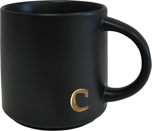 COLLECTIVE HOME - Black Monogram Ceramic Mugs, 15 oz Golden Initial Coffee Cups, Elegant Alphabet Tea Mugs, Personalized Halloween Mug with Gift Box, Perfect for Office and Home Décor (c)