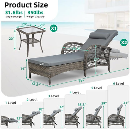 VIVIJASON 3 Pieces Outdoor Wicker Chaise Lounge Chair Set, All-Weather PE Rattan Cushioned Patio Lounger Set of 2 with Side Table, Adjustable Pool Sunbathing Recliner with Armrest & Pillow, Gray