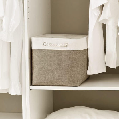 TcaFmac Organization and Storage Basket for Shelves - 16x12x12 inch Large 2 Pack Collapsible Storage Bins for Organization, Fabric Storage Cubes for Box Cloth Toy Books Kids (White & Khaki)