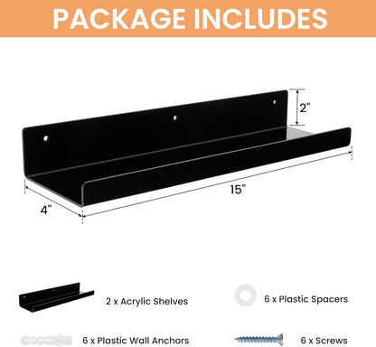upsimples Acrylic Shelves for Wall Decor, 15" Display Shelf Perfume Organizer for Bathroom, Bedroom, Living Room, Floating Bookshelves for Kids, Black, 2 Pack
