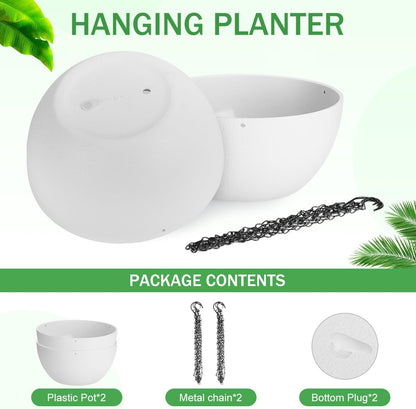 12 inch Hanging Planters for Indoor Plants, 2 Pack Planters for Outdoor Plants with Drainage Holes and Chain, Round Plastic Hanging Baskets, Hanging Flower Pots for Balcony Garden Decor-White