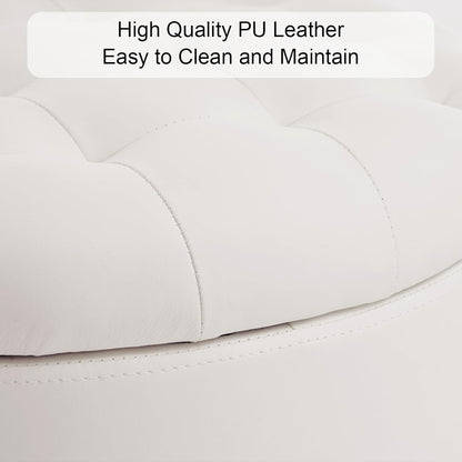 Furniliving Upholstered Button Tufted Round Ottoman, PU Storage Ottoman Round, Removable Lid Convenient Footstools, Classic Ottoman with Storage for Vanity, Nursery Room，IvoryWhite