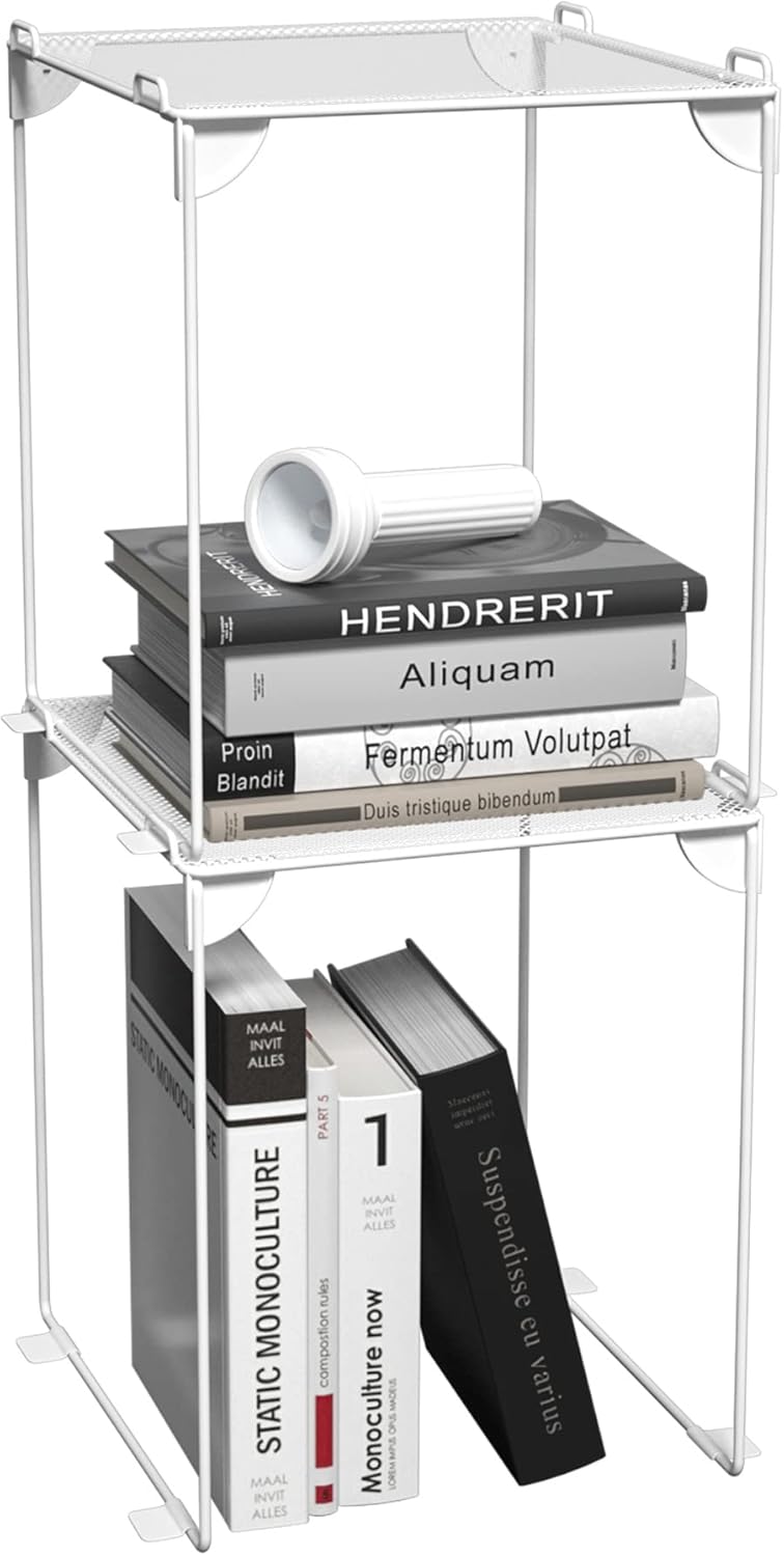 Neudeco Pack 2, Mesh Locker Shelf, Stackable Extra Tall Locker Organizer, Collapsible and Metal Mesh Build, Fits Standard Size, Suitable for School, Work, Kitchen, Bathroom (White)