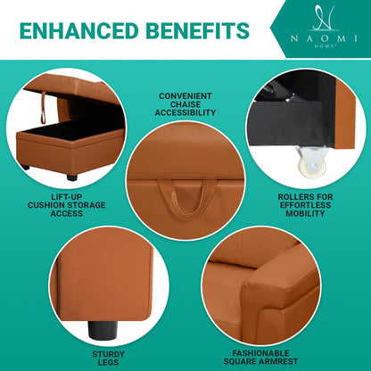 Naomi Home L-Shaped Reversible Sectional Sofa with Pull-Out Sleeper Bed and Storage Chaise, Caramel Air Leather