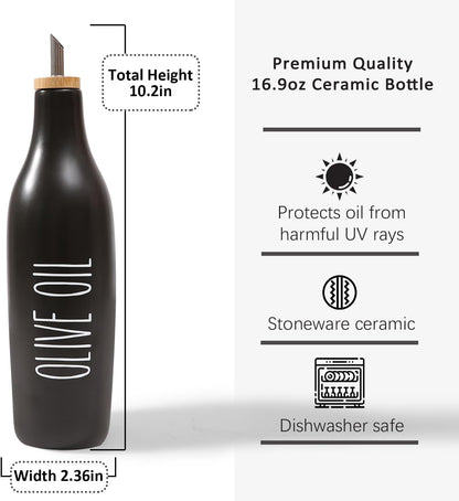 HOMCDALY Olive Oil and Vinegar Dispenser Set, Ceramic Oil and Vinegar Bottles with Bamboo Tray, 16.9oz Kitchen Cruet - Set of 2 - Black