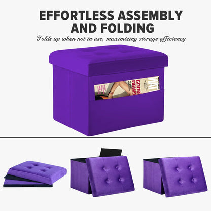 LINMAGCO Storage Ottoman Folding Foot Stool Foot Rest with Side Pocket Modern Ottoman with Storage Short Sofa Stool Velvet 17x13x13(Purple)