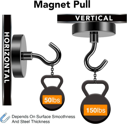 MIKEDE Black Magnetic Hooks Heavy Duty, 150LB+ Strong Neodymium Magnets for Refrigerator, Magnetic Hooks with Epoxy Coating for Hanging, Magnets with Hooks for Cruise, Home, Workplace - 10 Pack