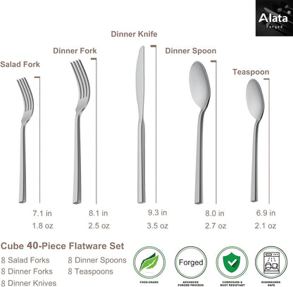 Alata Cube 40-Piece Forged Stainless Steel Flatware Set Cutlery Set, Silverware Set Service for 8, Mirror Finish, Dishwasher Safe