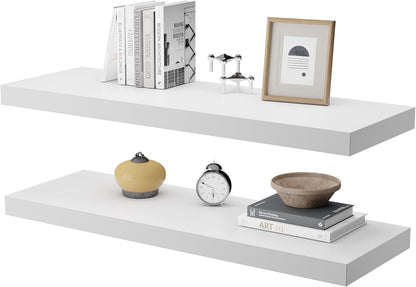 Large Floating Shelves for Wall Set of 2 Wooden Wall Shelves 24 in x 12.75 in x 2 in Room Decor Long Shelf with Invisible Wall Mount Bracket for Bedroom Kitchen Living Room White