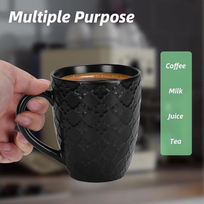 16 OZ Bone Coffee Mugs Set of 6 Matte Black, Large Ceramic Coffee Mugs Set with Different Texture Patterns, Porcelain Cups with Handle for Espresso Latte Tea Milk