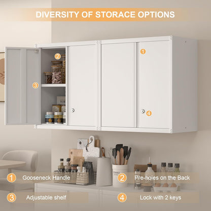 Wall Cabinet,Metal Storage Cabinet with 2 Doors,Locking Wall Cabinets for Office,Home,White