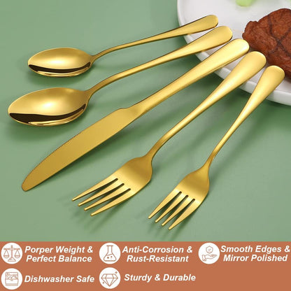 Lazycorner 40 Pcs Gold Silverware Set for 8, Food Grade Stainless Steel Flatware Set Include Fork/Knife/Spoon, Mirror Polished Eating Utensils Sets, Reusable Silverwear Cutlery Set, Dishwasher Safe