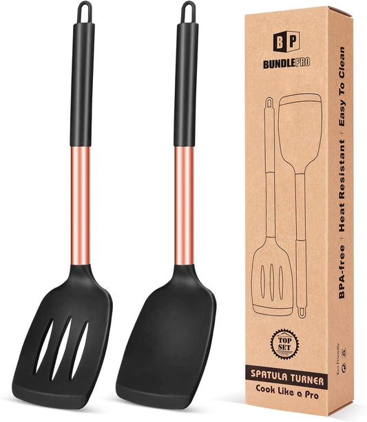 Pack of 2 Silicone Solid Turner, Non Stick Slotted Kitchen Spatulas, High Heat Resistant BPA Free