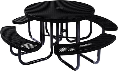 Heavy-Duty Portable Outdoor Picnic Table with Umbrella Hole, Punched Steel Commercial-Grade Patio Dining Furniture Made in America (46" Round Top, Black)