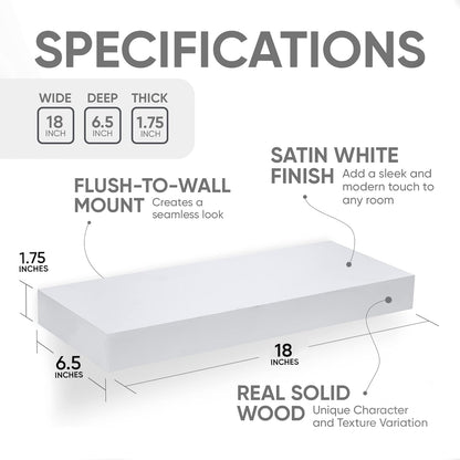 Homeforia White Floating Shelf 18 inch, High End Solid Real Wood 18inch Bathroom Floating Shelves for Wall Mounted, White Wooden 18in Floating Shelves, Heavy Duty Bracket, 18 X 6.5 X 1.75 in, Set of 2