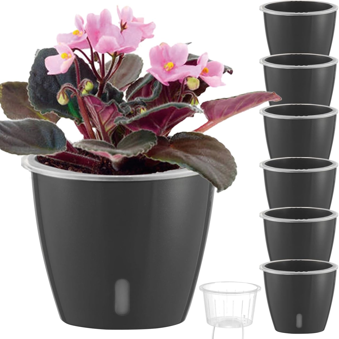 Self Watering Pots for Indoor Plants, 6-Pack 6.7'' Self Watering Planter with Drainage Holes, Small African Violet Pots with Water Indicator, Clear Wick Orchid Pot, Grey Gold