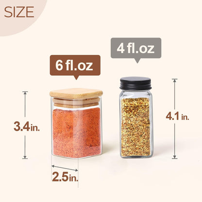 ComSaf 6Pcs 6 oz Spice Jars with Label Trial Set, Glass Spice Jars with Bamboo Lids Supplementary Set, Seasoning Container Trial Pack, Perfect for Ktichen Starter