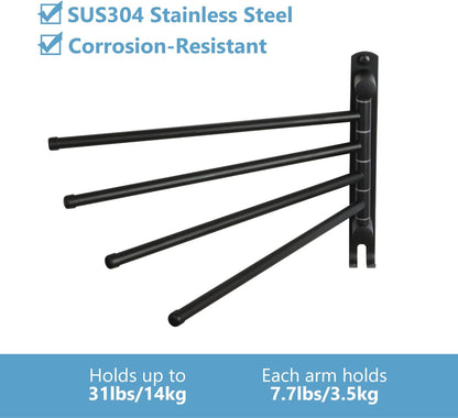 Black Towel Rack JSVER Swivel Towel Rack Wall Mounted, SUS304 Stainless Steel Towel Bar, 4 Arms Space Saving Towel Holder, Towel Racks for Bathroom