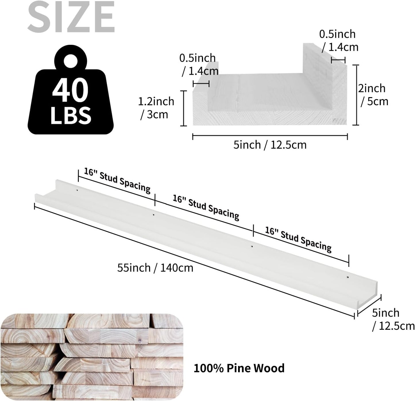 SAUMONIERES Picture Ledge Shelf Floating Book Shelves Set of 2 Wall Mounted Solid Wood for Bedroom Bathroom Living Room Kitchen, 55 Inch White